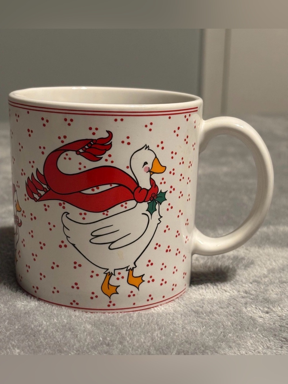 Christmas Goose Coffee Cup Red Ribbon and Holly Mother and Goslings Colonial